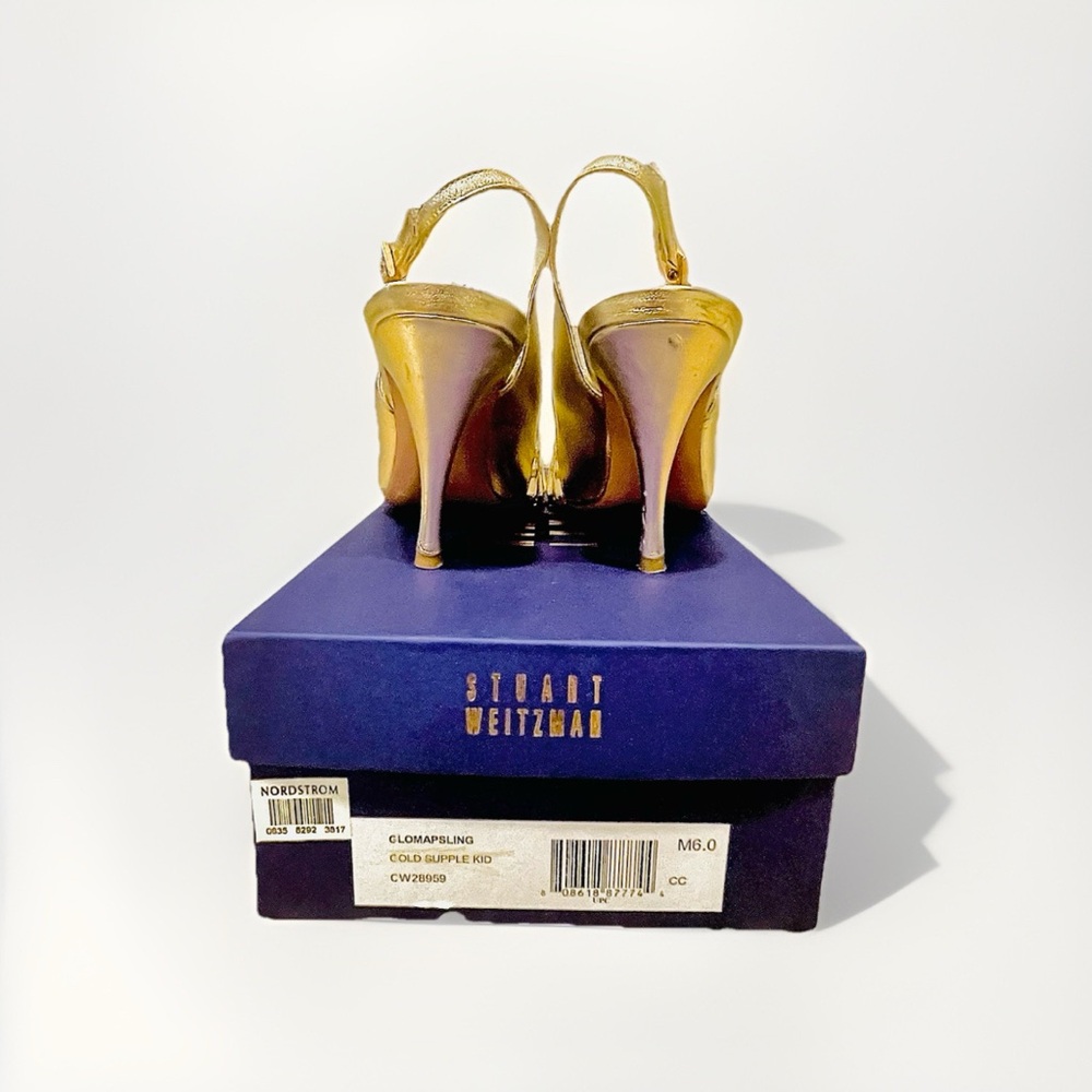 Sold Stuart Weitzman Gold Slingback Peep Toe Heels Size 6 - Picture 9 of 11